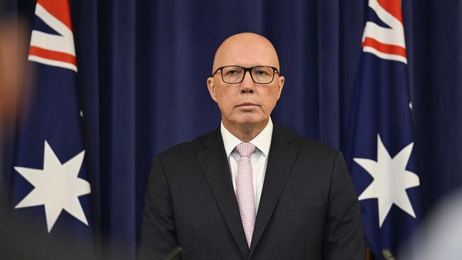 Peter Dutton holds a press conference at Parliament House in Canberra. Picture: Martin Ollman