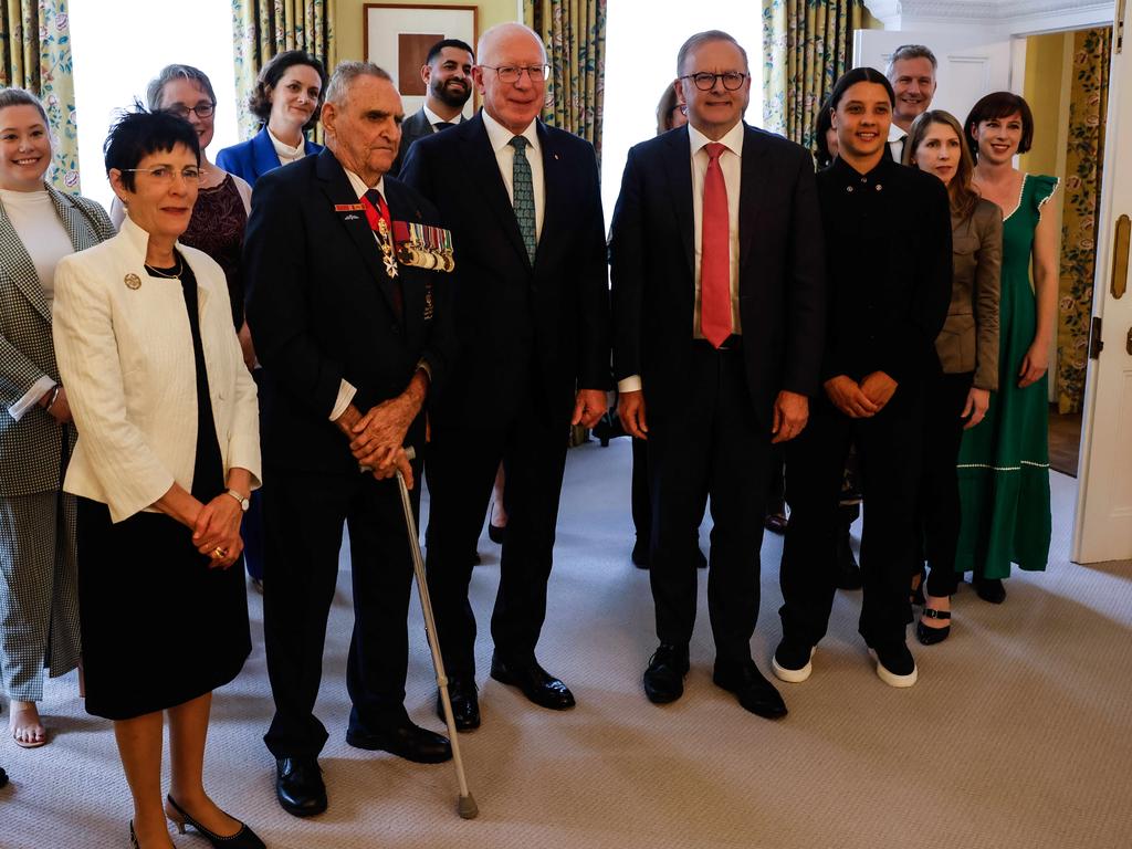 Australians who will attend the Coronation meet with the Prime Minister Anthony Albanese in London. Picture: Carlos Jasso/ Parsons Media