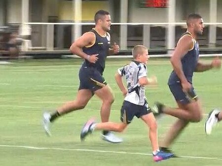 Matthew Arthur as a 13-year-old beating Jarryd Hayne in a Eels training run in 2018.