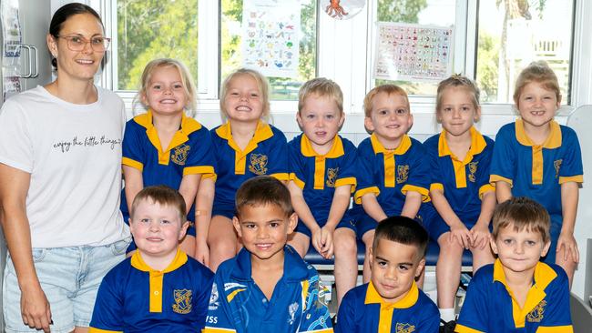 Mackay West State School Prep/1 Back row: Romi Pera, Poppi Pera, Austin Farrell, Rylan, Alexis Tucker, Hayley Swinbourne Front row: Roy Baird, Lennox Smith, Isaiah Fonua, James Whitton Teacher Ms Trapp Picture: Michaela Harlow. My First Year 2024