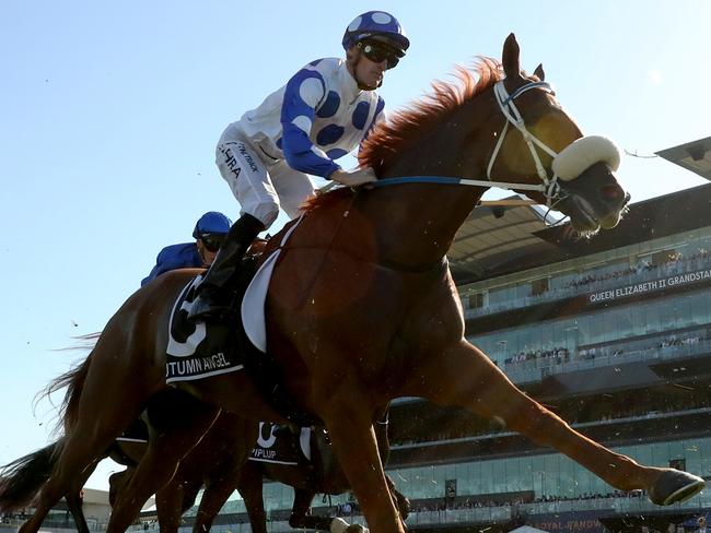 SYDNEY, AUSTRALIA - APRIL 13: Mark Zahra riding Autumn Angel wins Race 6 The Star Australian Oaks during Sydney Racing: The Championships at Royal Randwick Racecourse on April 13, 2024 in Sydney, Australia. (Photo by Jeremy Ng/Getty Images)