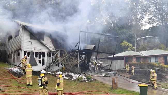 Emergency services at the house fire which completely destroyed a home at Nambour. Picture: Patrick Woods.