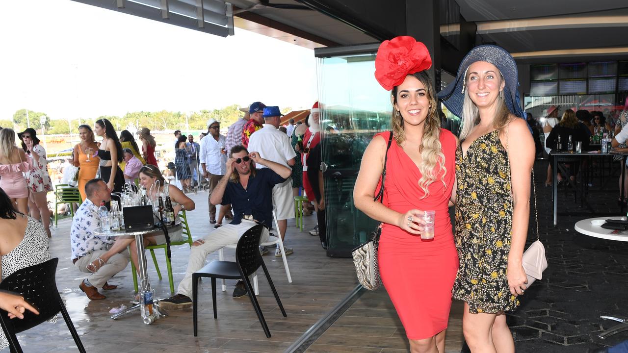 Andrea Coote and Shona-Lee Griffin inside the new grandstand at the Darwin Cup. Picture: Katrina Bridgeford