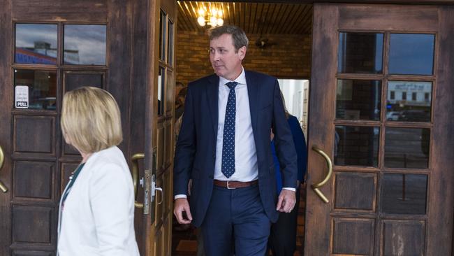 LNP president Cynthia Hardy and successful candidate Garth Hamilton leave the Groom LNP preselection vote. Picture: Kevin Farmer