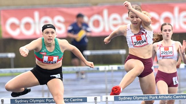 Isabel Nystrom from South Eastern in the U17 300m Hurdles (76cm). Pic: Jeremy Piper.