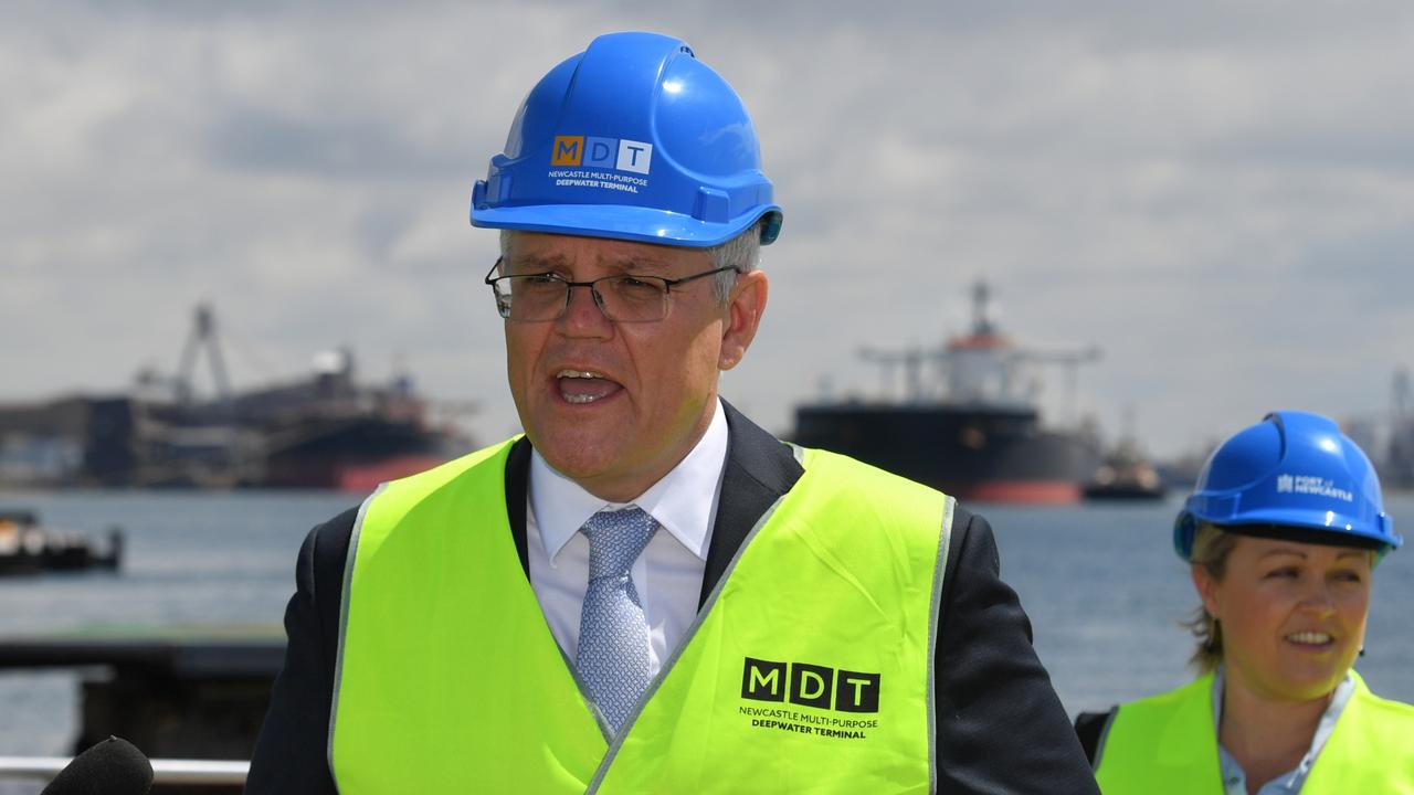 Prime Minister Scott Morrison at the Port of Newcastle, a region that will potentially be home to the new nuclear powered submarine base. Picture: AAP Image/Mick Tsikas