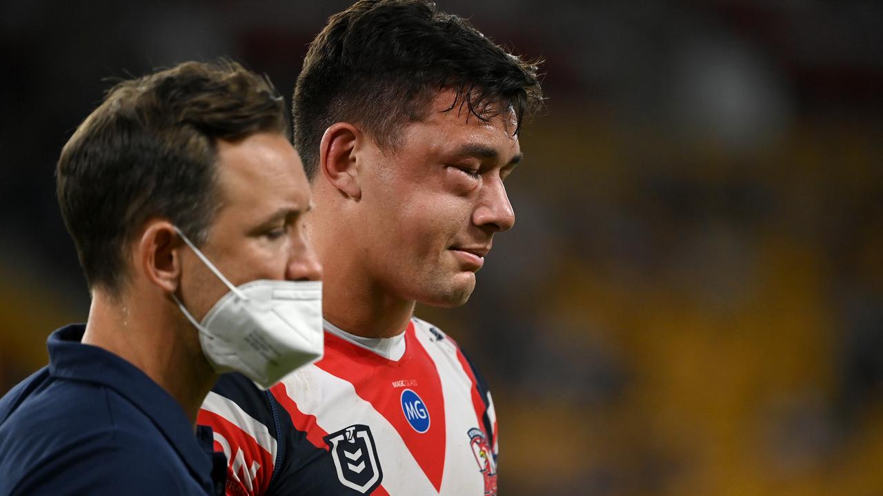 Joseph Manu after a high tackle from Latrell Mitchell. Picture: NRL Photos