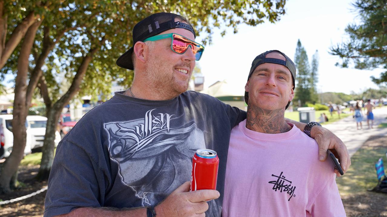 Joel C and Joel Linnie at the 49th Annual Pa &amp; Ma Bendall Memorial Surfing Contest held at Moffat Beach in Caloundra on April 8, 2023. Picture: Katrina Lezaic