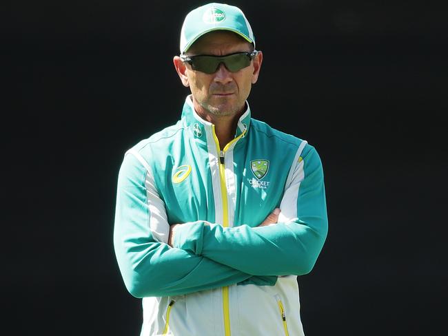 SYDNEY, AUSTRALIA - NOVEMBER 24: Australia head coach Justin Langer looks on during an Australian nets session ahead of the One Day International series at Sydney Cricket Ground on November 24, 2020 in Sydney, Australia. (Photo by Mark Metcalfe/Getty Images)