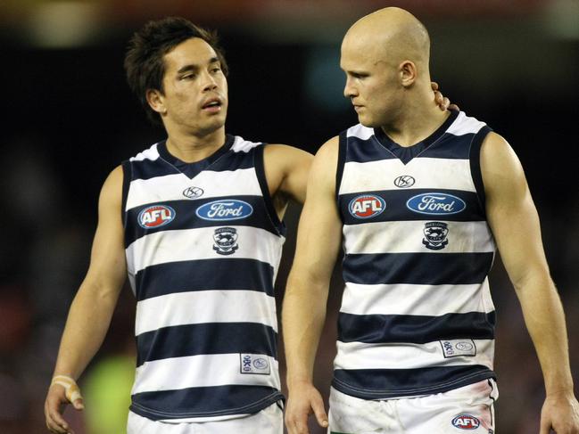 Stokes and Gary Ablett Jr during their playing days at Geelong in 2009. Picture: Michael Klein.