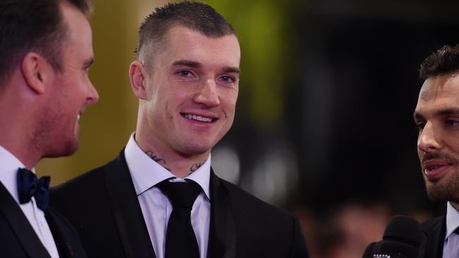 Dustin Martin of the Hawks arrives at the 2016 Brownlow Medal Count at the Crown Palladium in Melbourne, Monday, Sept. 26, 2016. (AAP Image/Tracey Nearmy) NO ARCHIVING