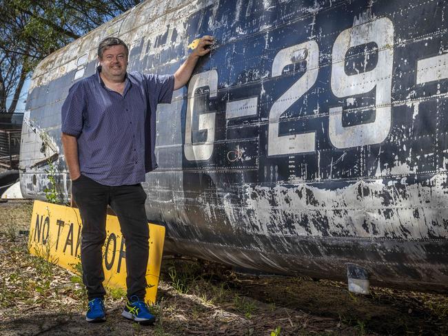 Moorabbin Air Museum general manager Ewan McArthur with the fuselage of the Lincoln heavy bomber. Picture: Jake Nowakowski