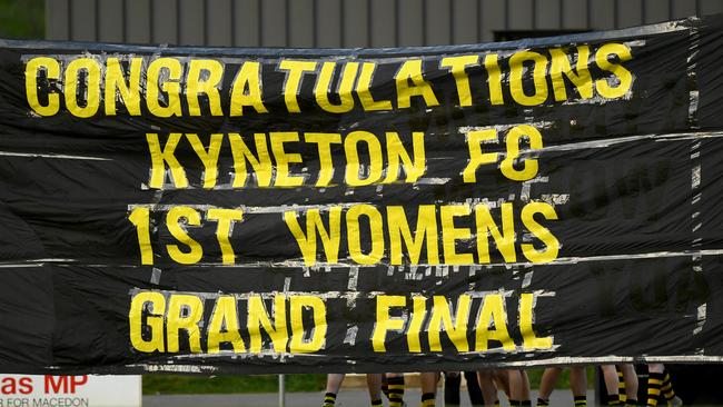 Kyneton banner before the RDFNL women’s grand final. Picture: Josh Chadwick
