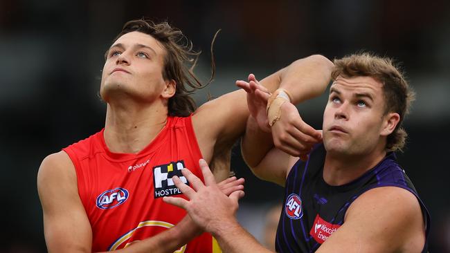 Gold Coast ruckman Ned Moyle, left, is out of contract next year. Picture: Paul Kane/Getty Images