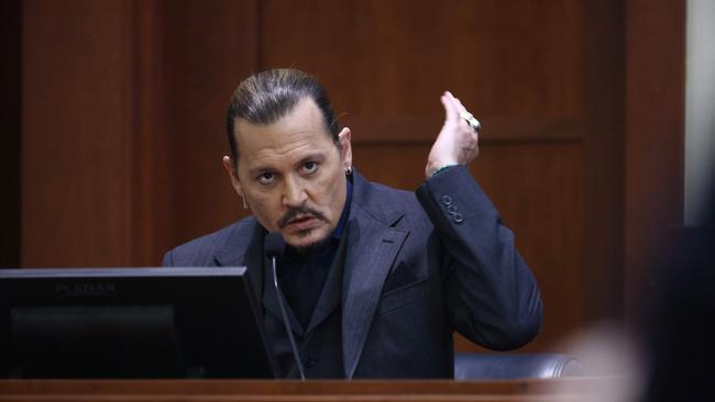 Johnny Depp on the stand during his US$50m defamation trial against former wife Amber Heard. Picture: AFP