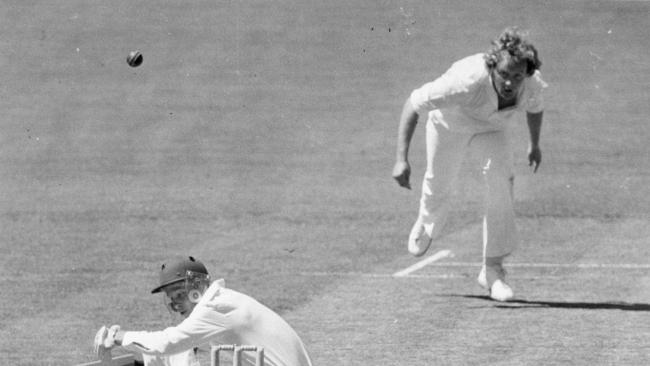 Rodney Hogg, who recalls previous cricket fundraising matches, sends down a bouncer at David Gower. Picture: Advertiser Library