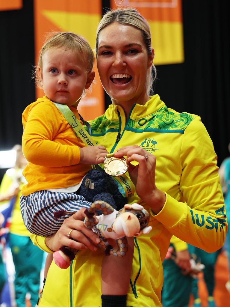 Gretel Bueta and son Bobby after winning gold at the Commonwealth Games. Picture: Matthew Lewis/Getty Images