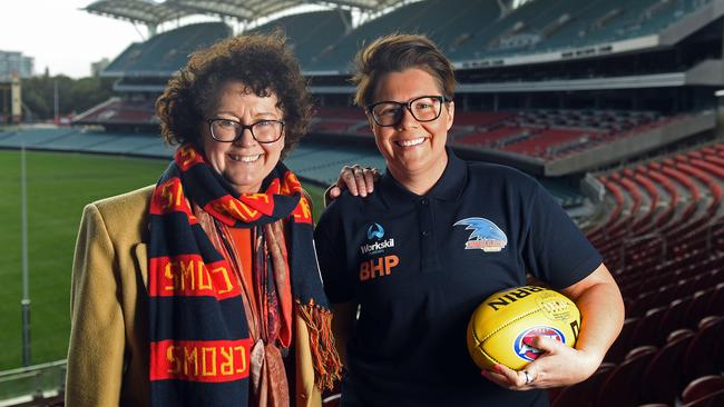 Adelaide coach AFLW Bec Goddard with BHP Olympic Dam asset president Jacqui McGill at Adelaide Oval. Picture: Tom Huntley.