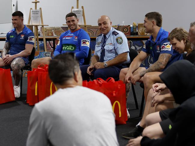 NSW Police and the Newcastle Knights steering kids away from youth crime with the help of local elders. Bradman Best, Adam Elliot, Supt Wayne Humphries, Dylan Lucas. Picture: Michael Gorton