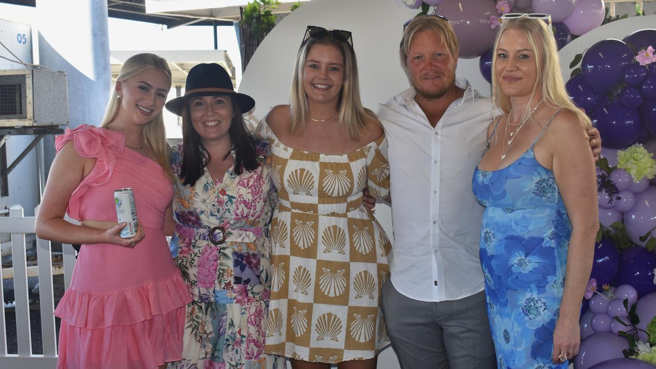 Yeppoon's Hayley Caine, Melanie Vine, Hayley Carmichael, Nicolas Paternoster and Emma Williams at the Rockhampton Cup race meeting at Callaghan Park on July 13, 2024.