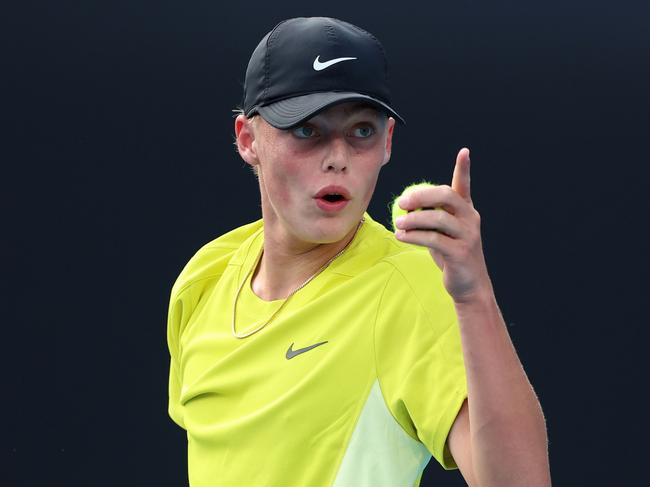 MELBOURNE, AUSTRALIA - JANUARY 20: Cruz Hewitt of Australia  reacts against Jan Kumstat of Czech Republic in the Junior Boys' Singles match during day nine of the 2025 Australian Open at Melbourne Park on January 20, 2025 in Melbourne, Australia. (Photo by Janelle St Pierre/Getty Images)