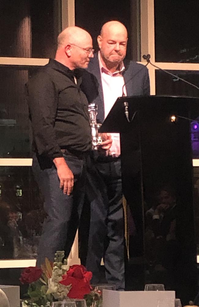 News Corp National Sports Editor Matthew Kitchin with Herald Sun Chief Football Writer Mark Robinson, who was inducted as a life member of the AFMA.