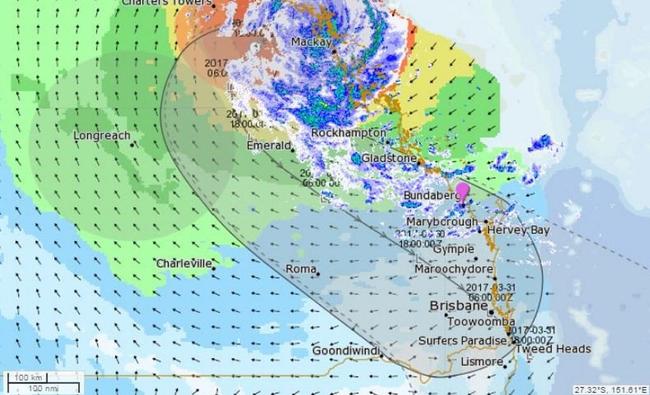 CYCLONE TRACKER: This image from the BOM website shows the tracking forecast for Cyclone Debbie, the system will pass to the west of Bundaberg. Picture: BOM website