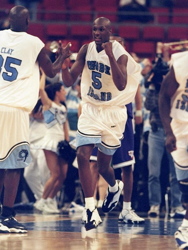 Lamar Odom of the University of Rhode Island runs on the court as the line-up is called during a game against Texas Christian in the Cosida Classic at Providence Civic Center on November 9, 1998. Picture: Getty
