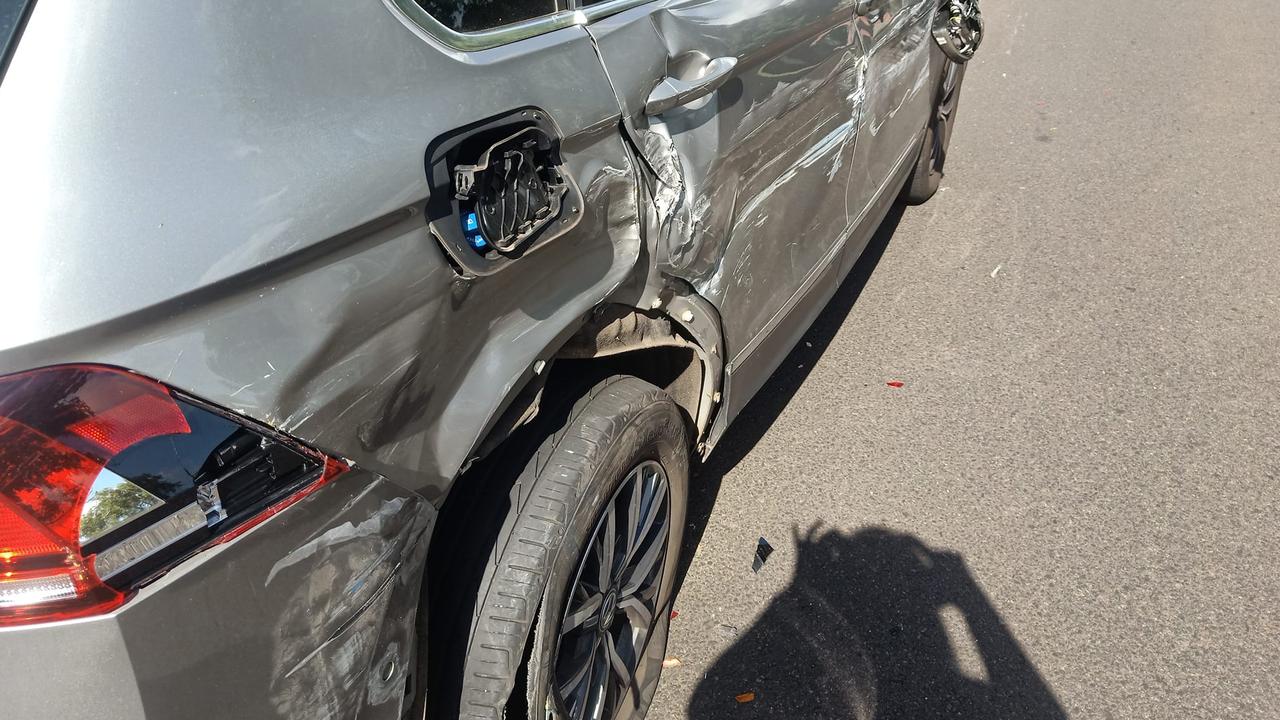 One of the cars heavily damaged by a bus in a reported hit-and-run incident on Alderley Street in South Toowoomba on Monday.