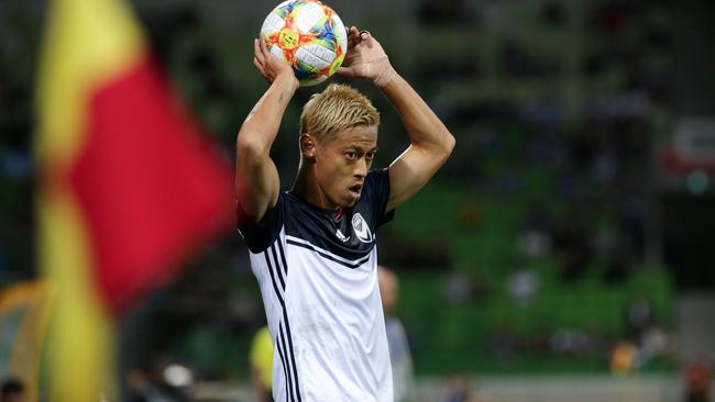 Melbourne’s Keisuke Honda in action against Daegu FC in the Asian Champions League. Victory were forced to play without a sponsor on the front of their shirts. Picture: AAP