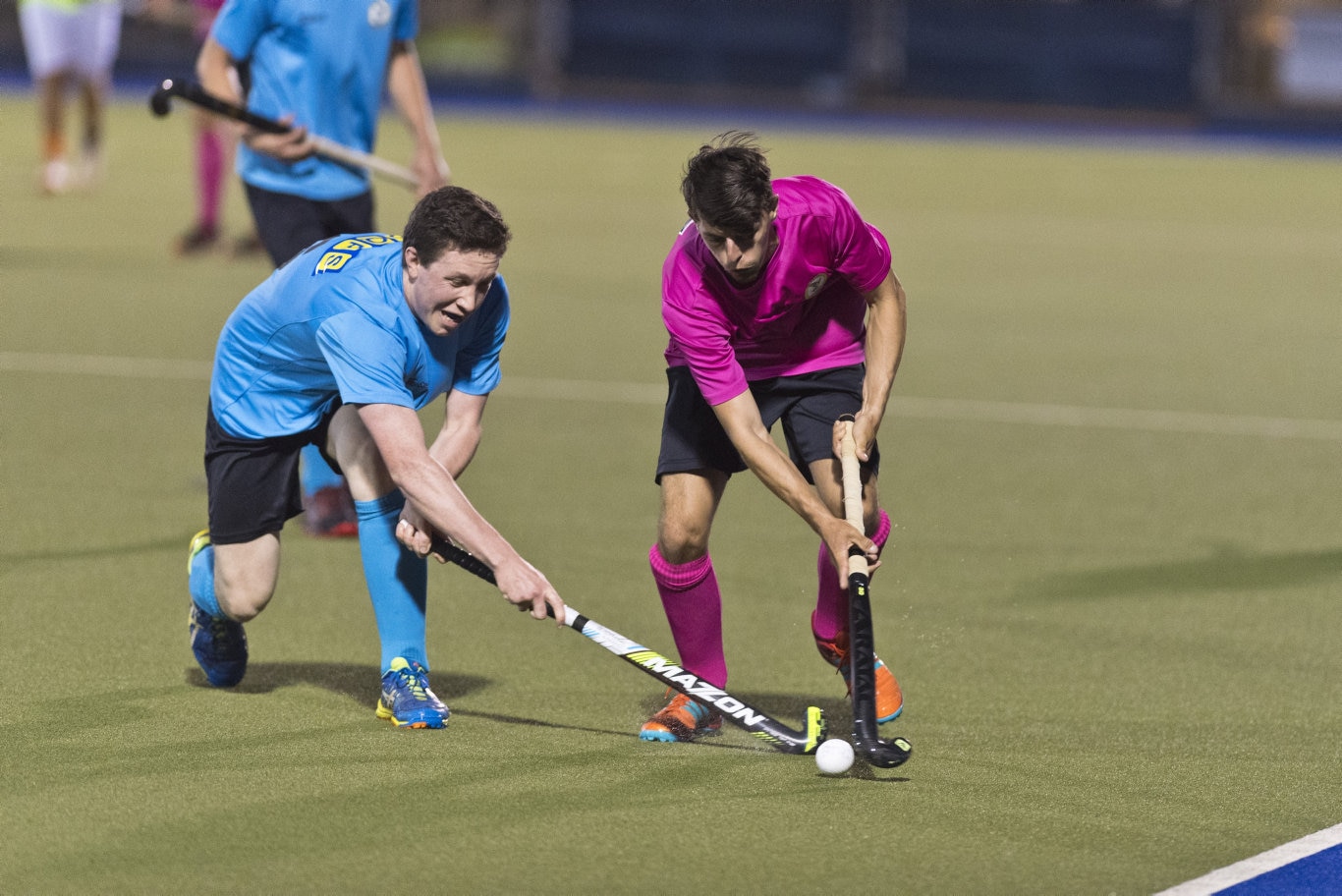 SQPS Scorers player Jacob Johnston (left) and Josh McPaul of Pink Batts in Iron Jack Challenge mens hockey at Clyde Park, Friday, February 28, 2020. Picture: Kevin Farmer