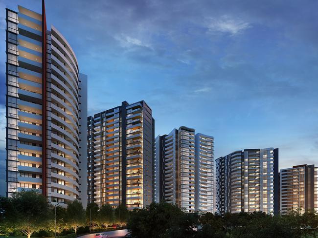 Artist impressions of the Skyview residential development by Toplace. The developers say Castle Hill, where the five towers will be located, will be “the next Chatswood”.