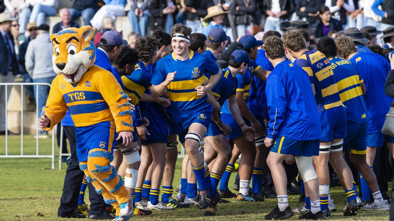 TGS First XV rugby team captain Charlie Horn runs out to face Downlands in O'Callaghan Cup on Grammar Downlands Day at Downlands College, Saturday, August 6, 2022. Picture: Kevin Farmer