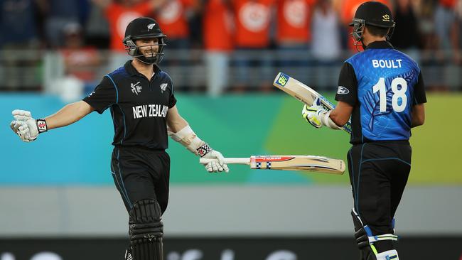 Kane Williamson celebrates after hitting the winning runs against Australia in the World Cup. Picture: Phil Hillyard