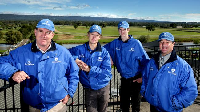 Darren Beadman (far right) with (from left) leading Godolphin trainer John O’Shea, former assistant Tom Ward and track rider Alex Ferguson. Picture: Gregg Porteous