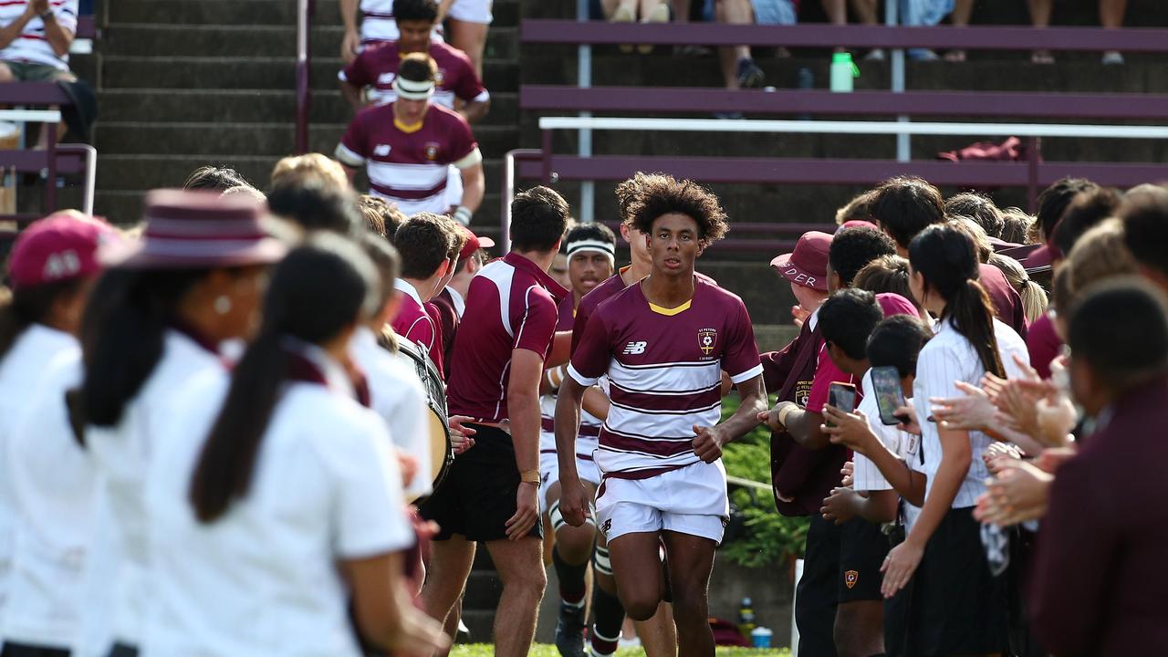 Action from the AIC First XV rugby union match between St Peters Lutheran College and Padua College. Picture: Tertius Pickard