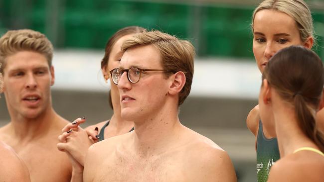 SYDNEY, AUSTRALIA - MAY 13: Australian swimmer Mack Horton looks on during the Australian 2020 Tokyo Olympic Games Swimming Uniform Launch at Sydney Olympic Park Aquatic Centre on May 13, 2021 in Sydney, Australia. (Photo by Cameron Spencer/Getty Images)