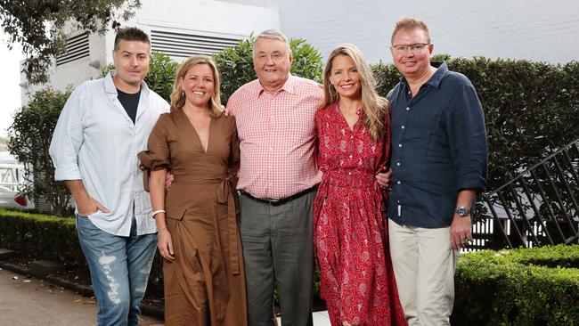 Pictured at Catalina restaurant in Rose Bay for his 80th birthday is publican Arthur Laundy (middle) with Stuart Laundy, Danielle Richardson, Justine Laundy and Craig Laundy. Picture: Richard Dobson