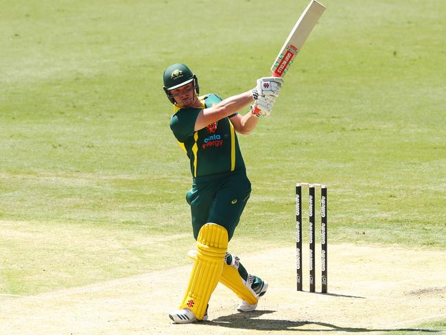 Max Bryant en route to a hundred for the Cricket Australia XI against England Lions at Metricon Stadium earlier this month. Picture: Chris Hyde/Getty Images