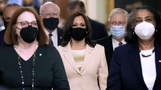 Vice President Kamala Harris walks through the Capitol Building ahead of Joe Biden’s address to Congress. Picture: Getty Images.