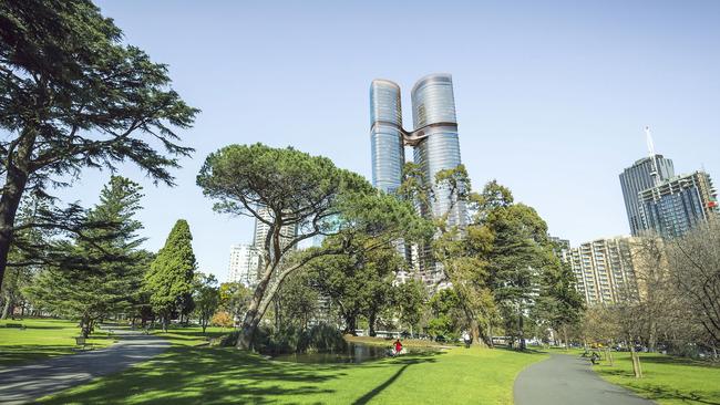 A render of the Shangri-La Hotel and Sapphire By the Gardens development under construction in Exhibition St.