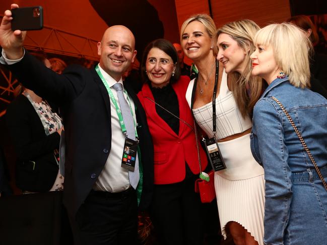 Todd Greenberg taking a selfie with wife Lisa and NSW Premier Gladys Berejiklian and her sisters Mary and Rita. Picture David Hossack