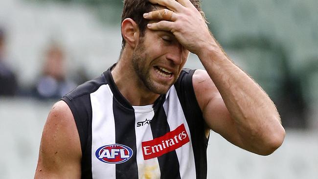 Collingwood v Port Adelaide at the MCG, 5th June, Melbourne Australia. Collingwood's Travis Cloke lets the mark slips through his hands. Picture: George Salpigtidis