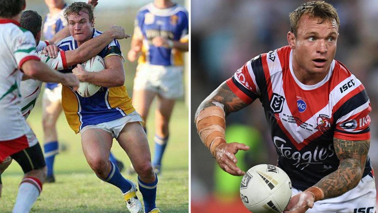 Left: Jake Friend in action as a Noosa Pirates junior. Right: Friend playing for the Sydney Roosters. Picture: Dean Lewins