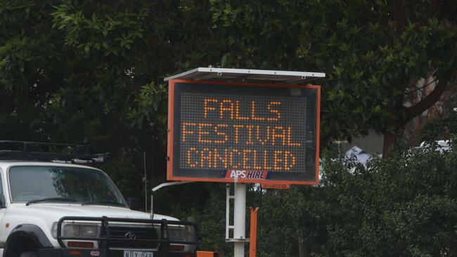 Road signs warned of the cancellation as traffic entered Lorn for the 2019 Falls Festival. Picture: Alan Barber