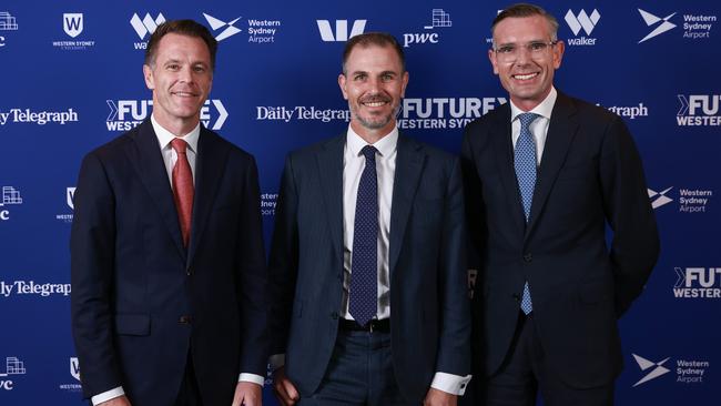 Labor leader Chris Minns, left, The Daily Telegraph editor Ben English, centre, and NSW Premier, Dominic Perrottet, at The Daily Telegraph's Future Western Sydney 2023 lunch, at Rosehill Gardens on Thursday. Picture” Justin Lloyd