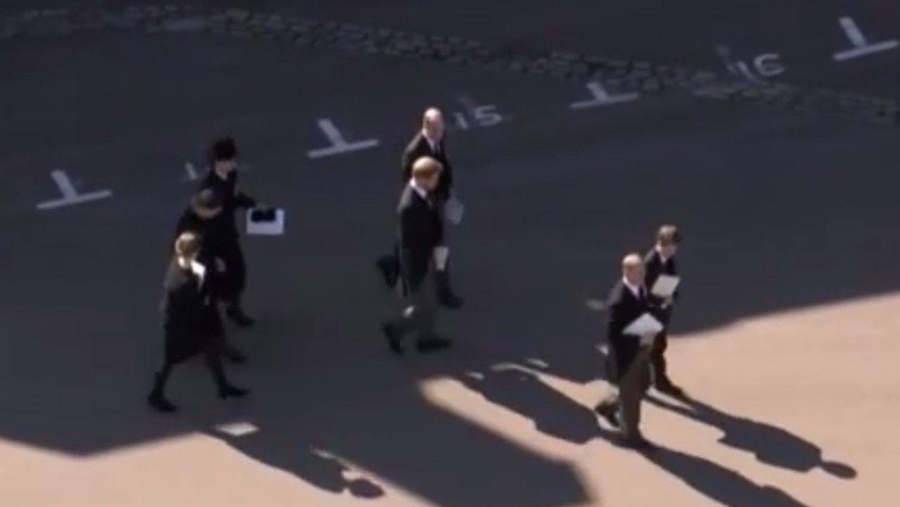 Prince Harry and Prince William walking together after the funeral service for Prince Philip. Picture: 7NEWS