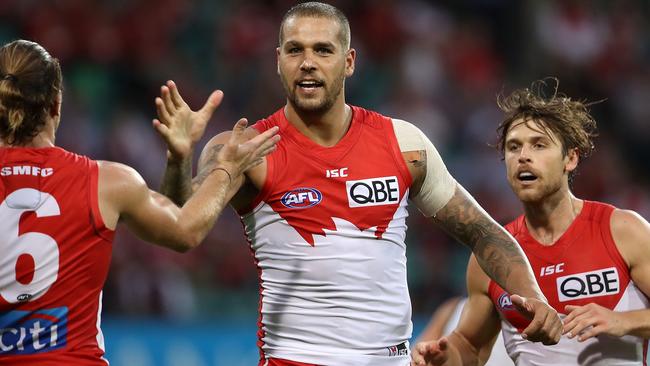 Lance Franklin celebrates a goal with teammates. Picture: Getty Images