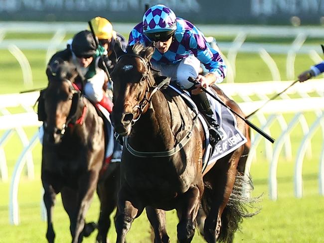 SYDNEY, AUSTRALIA - APRIL 13: Declan Bates riding Pride of Jenni wins Race 8 Queen Elizabeth Stakes during Sydney Racing: The Championships at Royal Randwick Racecourse on April 13, 2024 in Sydney, Australia. (Photo by Jeremy Ng/Getty Images)