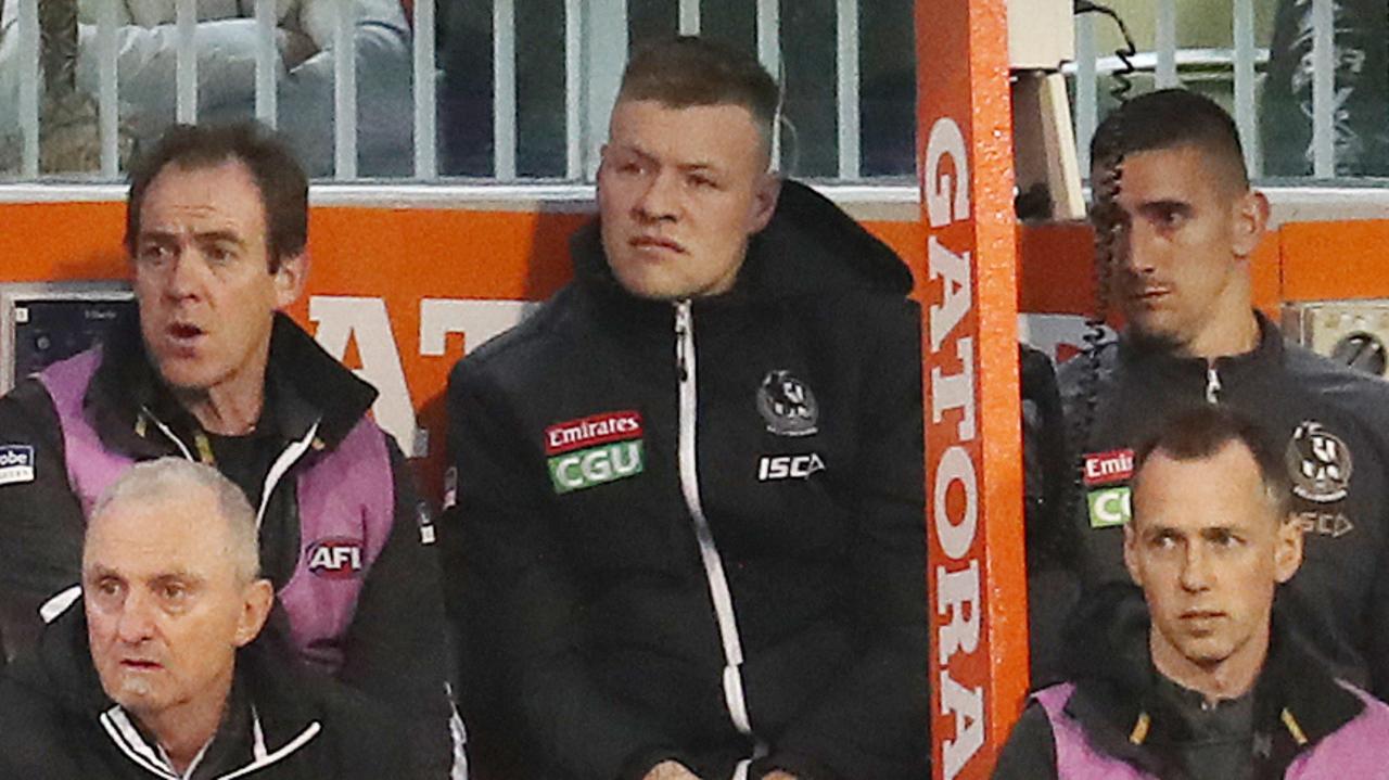 Collingwood's Jordan De Goey sits on the bench last Friday night. Pic: Michael Klein.